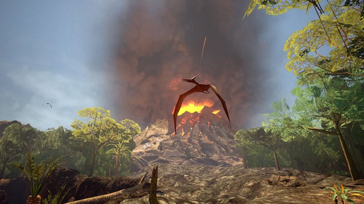 Volcanic mountain erupting with lava surrounded by jungle